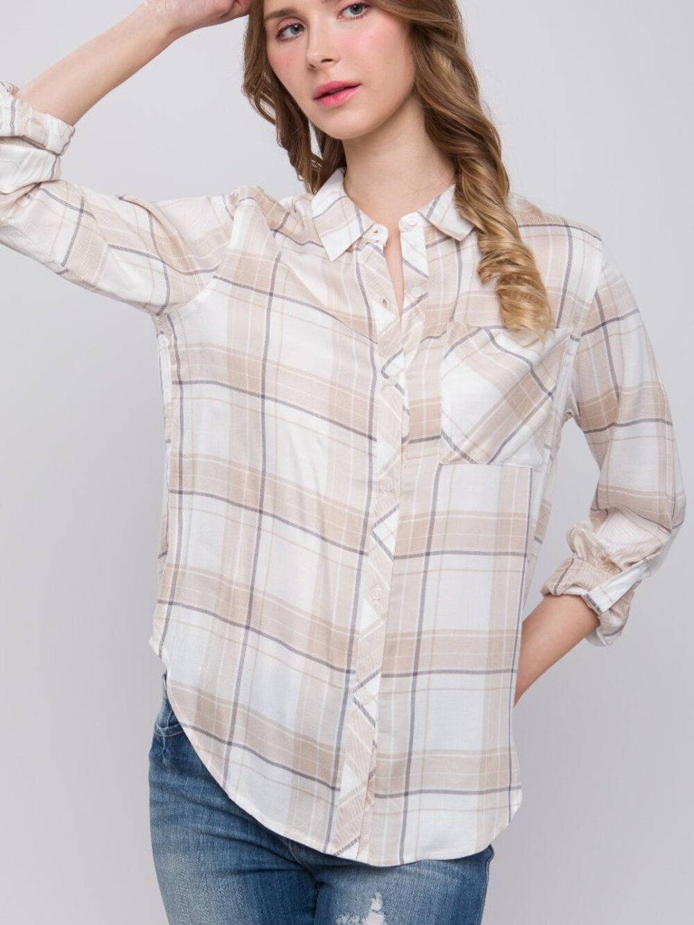 Lightweight Plaid Button-Up - Khaki - Picture 6 of 11